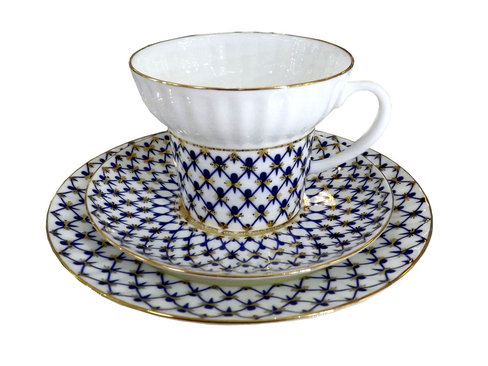 LOMONOSOV PORCELAIN TEA SET COBALT NET WAVE 21 ITEMS FOR 6 PERSONS BONE CHINA
