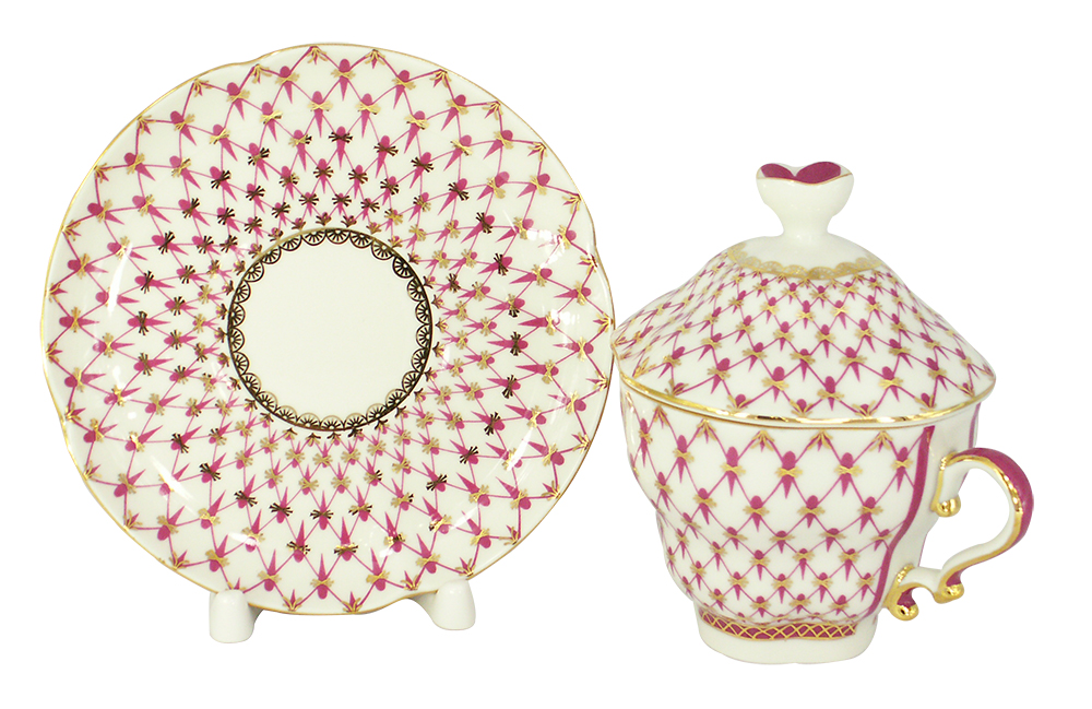 LOMONOSOV PORCELAIN COVERED CUP AND SAUCER RED NET GIFT-2 8.45 OZ/250 ML