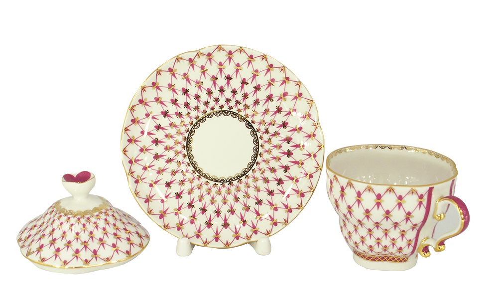 LOMONOSOV PORCELAIN COVERED CUP AND SAUCER RED NET GIFT-2 8.45 OZ/250 ML