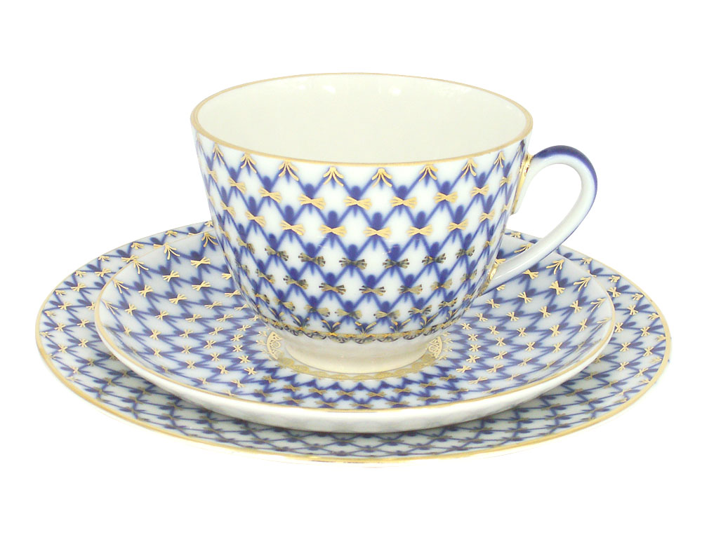 LOMONOSOV PORCELAIN TEA SET COBALT NET SPRING 20 ITEMS FOR 6 PERSONS