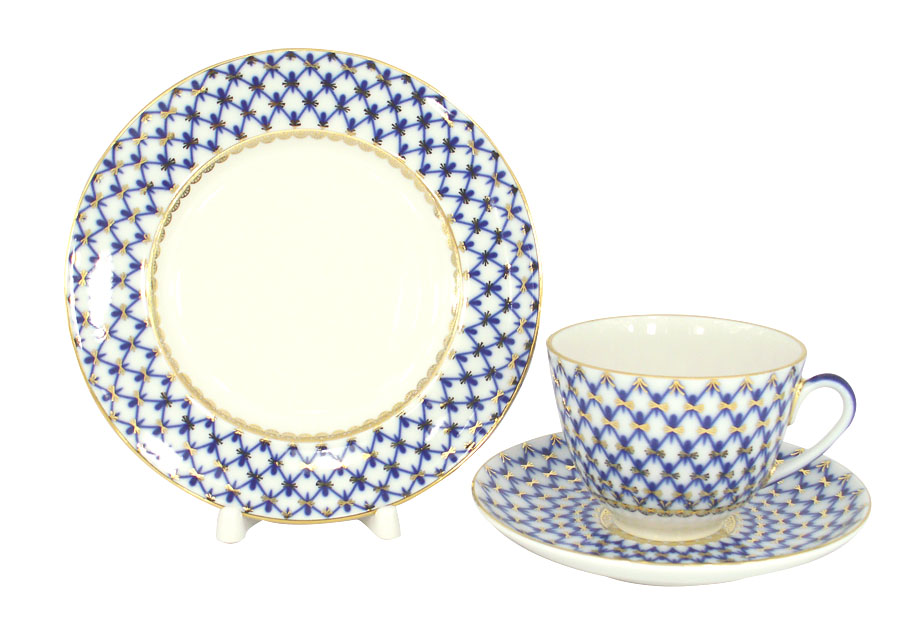 LOMONOSOV PORCELAIN TEA SET COBALT NET SPRING 20 ITEMS FOR 6 PERSONS