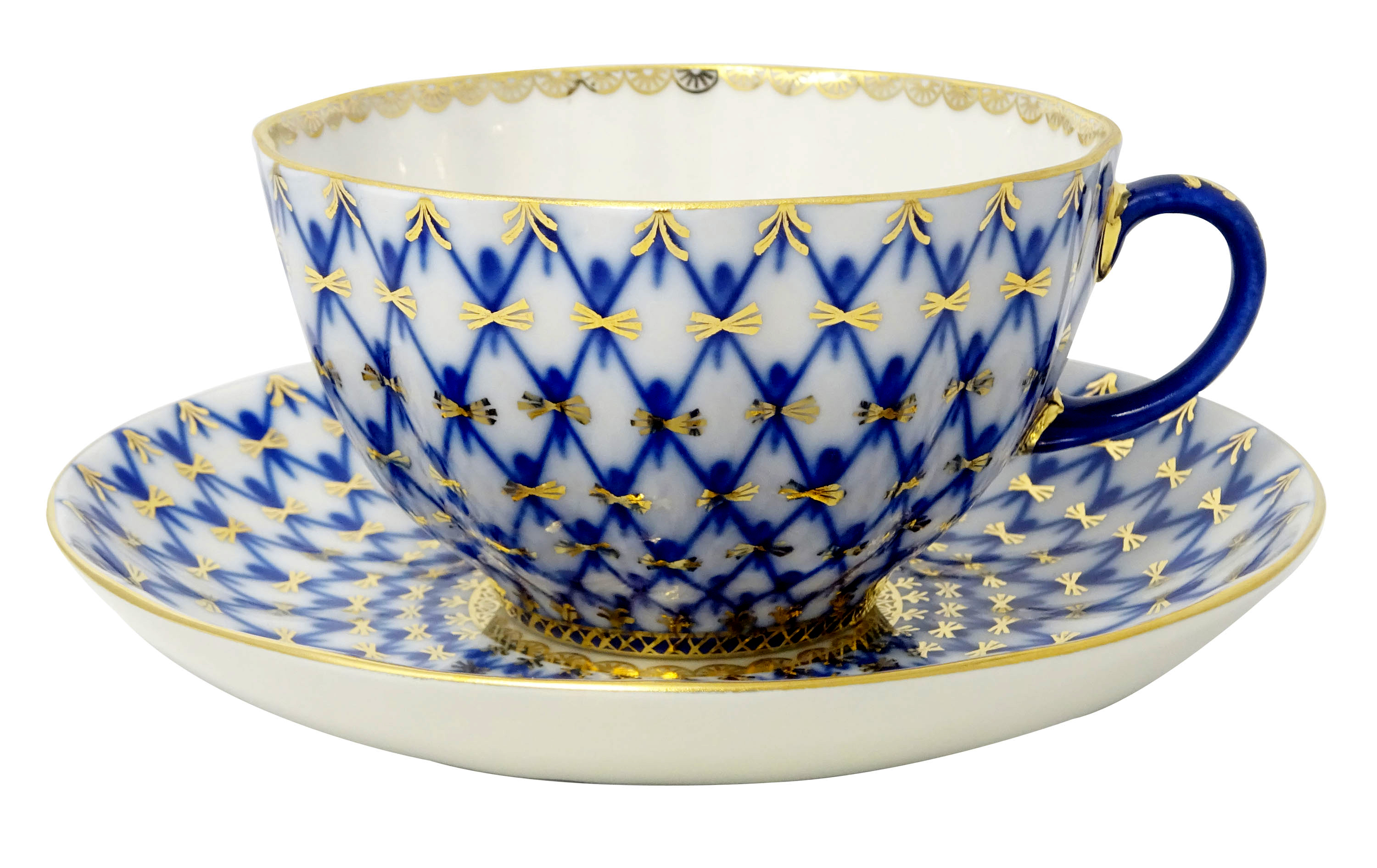 LOMONOSOV PORCELAIN TEA SET COBALT NET TULIP 16 ITEMS FOR 6 PERSONS