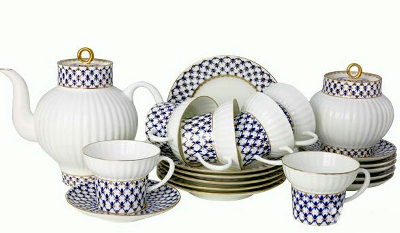LOMONOSOV PORCELAIN TEA SET COBALT NET WAVE 21 ITEMS FOR 6 PERSONS BONE CHINA