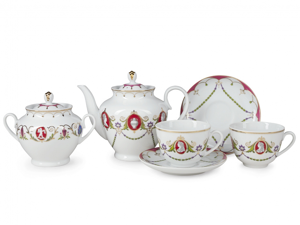 LOMONOSOV PORCELAIN TEA SET SPRING CAMEO 14 ITEMS