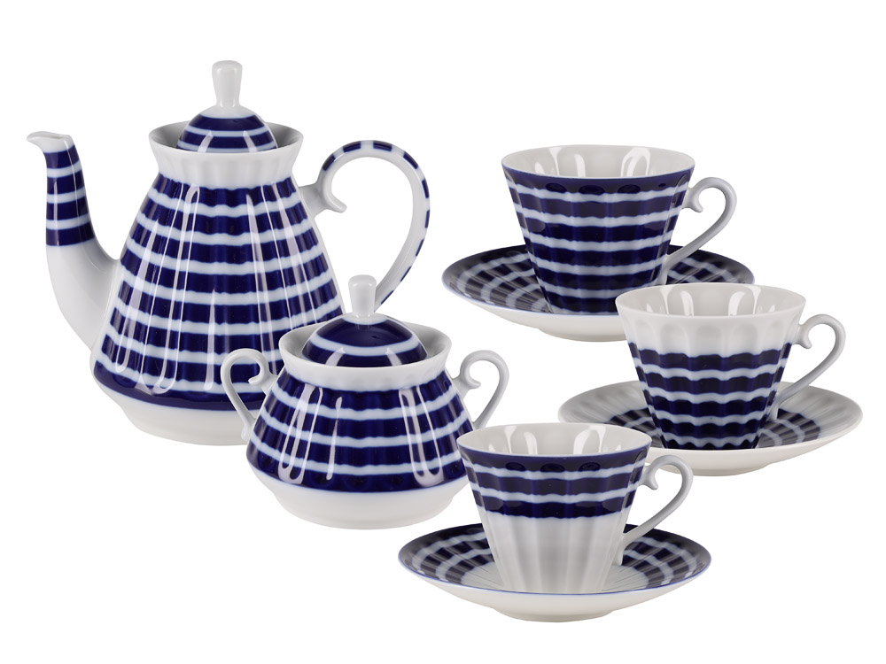 LOMONOSOV PORCELAIN TEA SET BLUE STRIPES 6/14