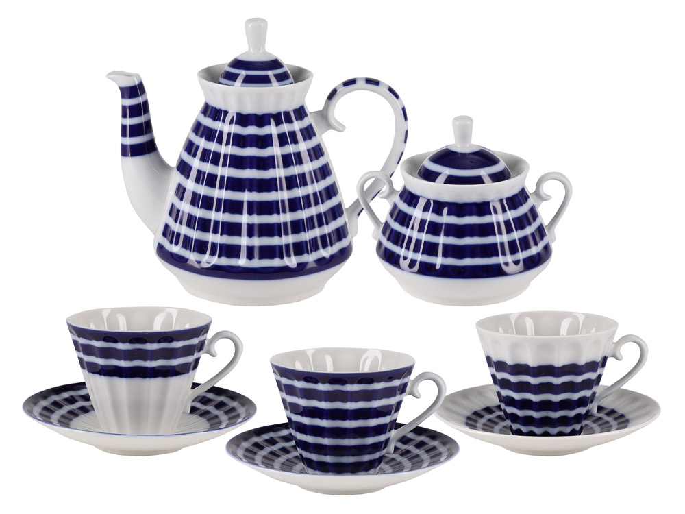 LOMONOSOV PORCELAIN TEA SET BLUE STRIPES 6/14