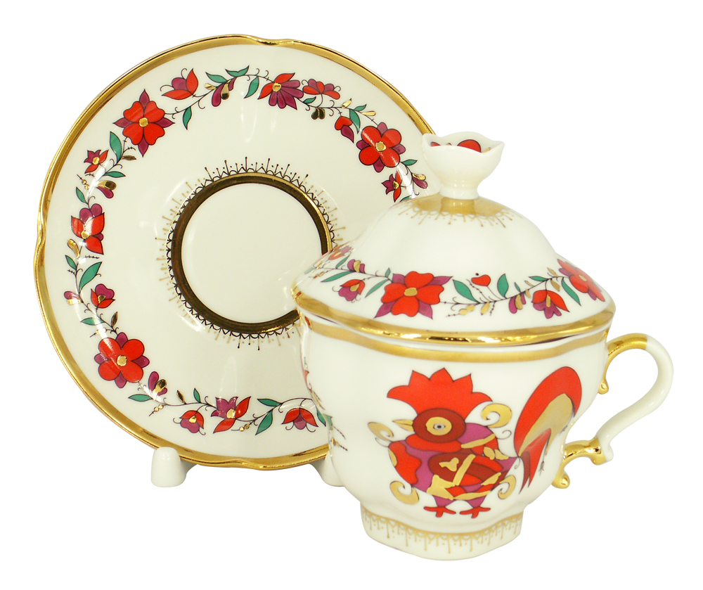LOMONOSOV PORCELAIN COVERED CUP AND SAUCER RED ROOSTERS GIFT-2 8.45 OZ/250 ML
