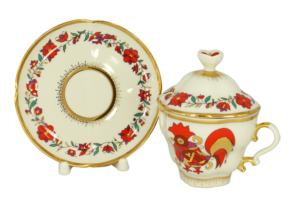 LOMONOSOV PORCELAIN COVERED CUP AND SAUCER RED ROOSTERS GIFT-2 8.45 OZ/250 ML
