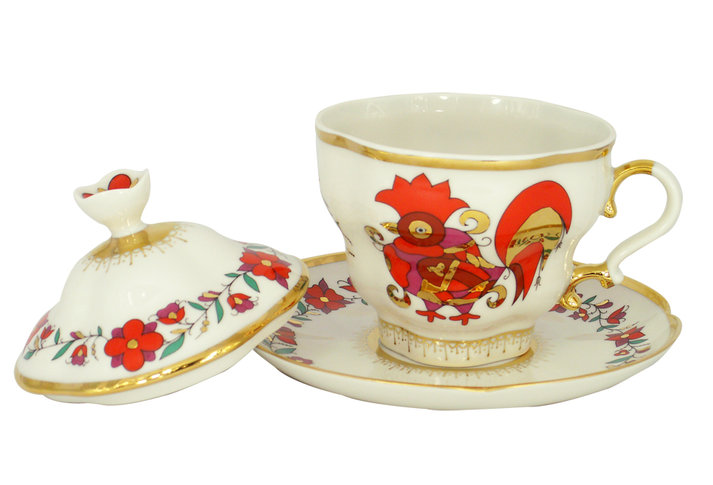 LOMONOSOV PORCELAIN COVERED CUP AND SAUCER RED ROOSTERS GIFT-2 8.45 OZ/250 ML