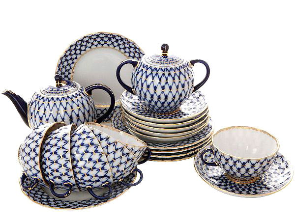 LOMONOSOV PORCELAIN TEA SET COBALT NET TULIP 22 ITEMS FOR 6 PERSONS