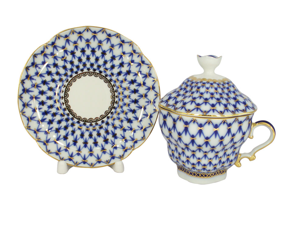 LOMONOSOV PORCELAIN COVERED CUP AND SAUCER COBALT NET GIFT-2 8.45 OZ/250 ML