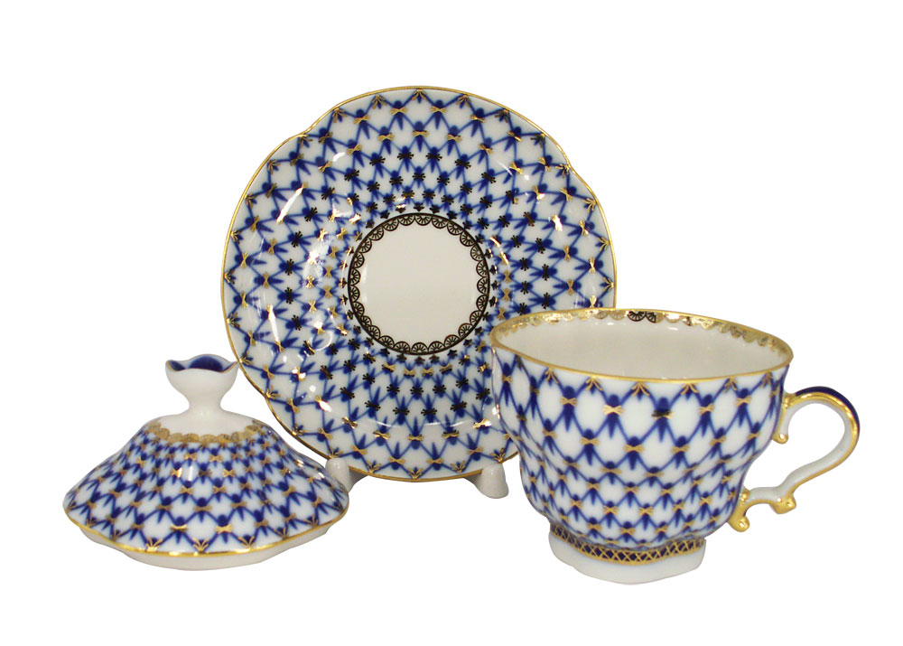 LOMONOSOV PORCELAIN COVERED CUP AND SAUCER COBALT NET GIFT-2 8.45 OZ/250 ML
