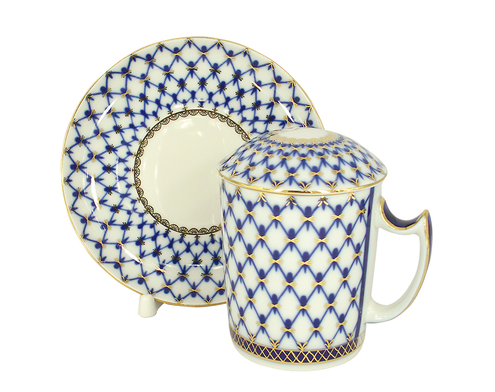 LOMONOSOV PORCELAIN COVERED MUG AND SAUCER COBALT NET 12.8 OZ