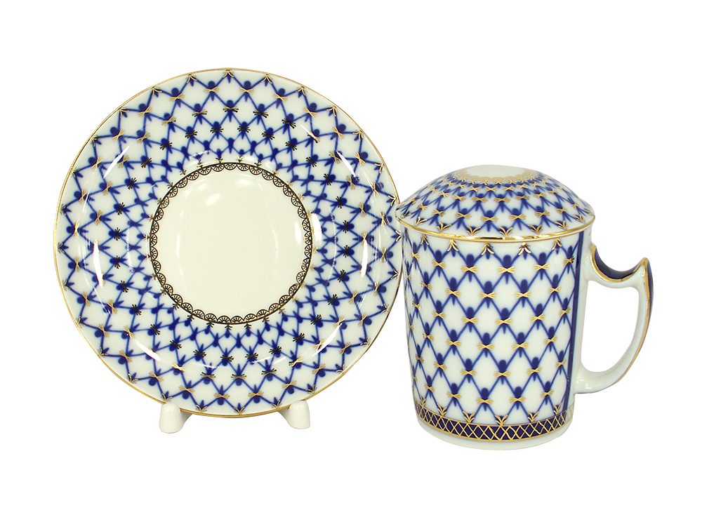 LOMONOSOV PORCELAIN COVERED MUG AND SAUCER COBALT NET 12.8 OZ