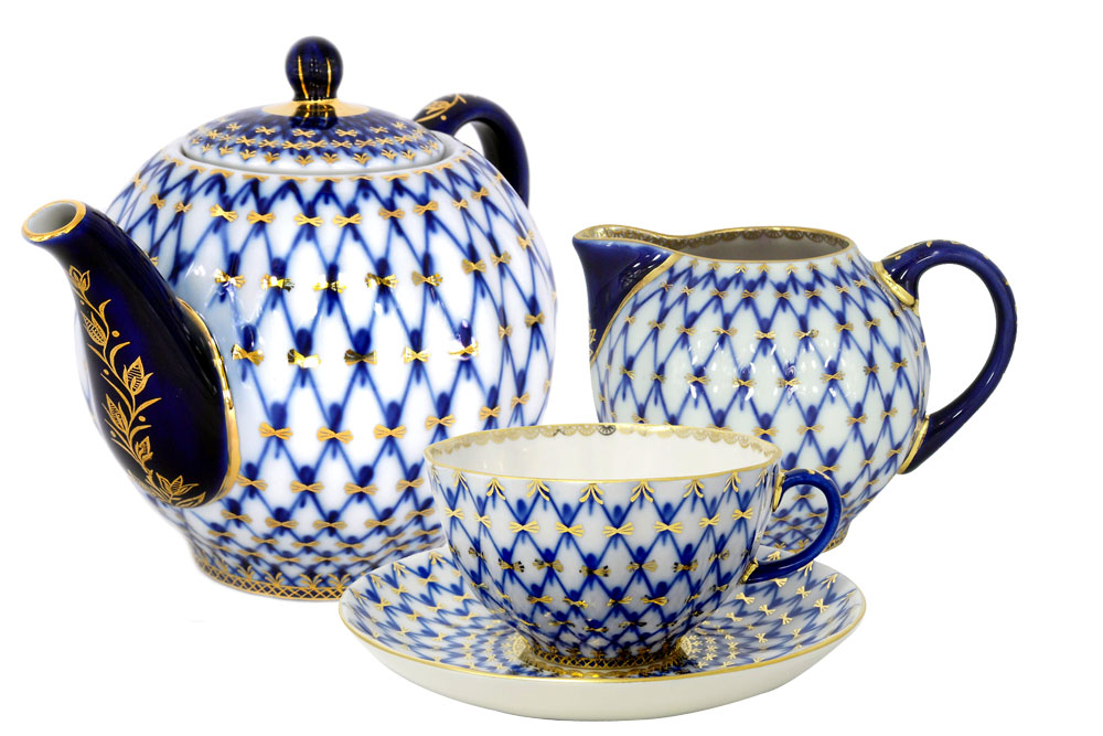 LOMONOSOV PORCELAIN TEA SET 6 PIECES COBALT NET TULIP