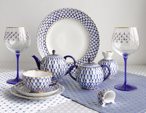 Lomonosov Lomonosov Gift Set 6 Napkins Cobalt Net 17.7x17.7" White