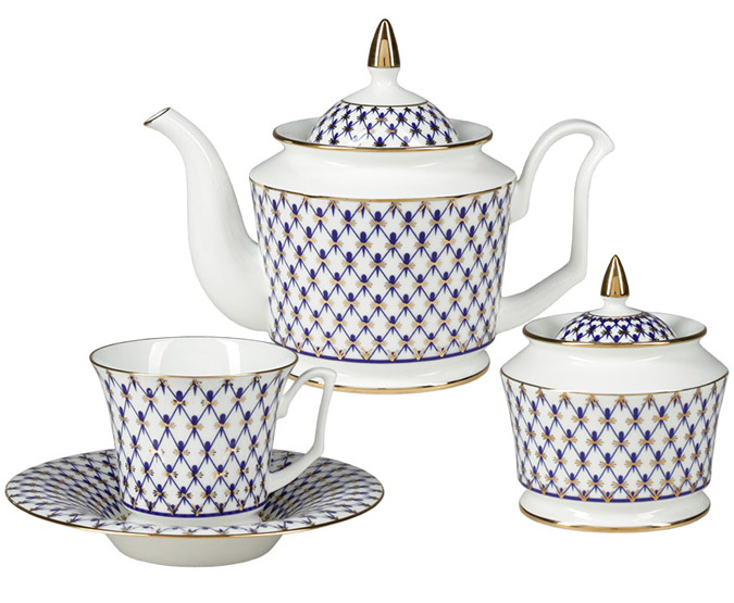 BONE CHINA PORCELAIN TEA SET SERVICE 6/14 YULIA COBALT NET
