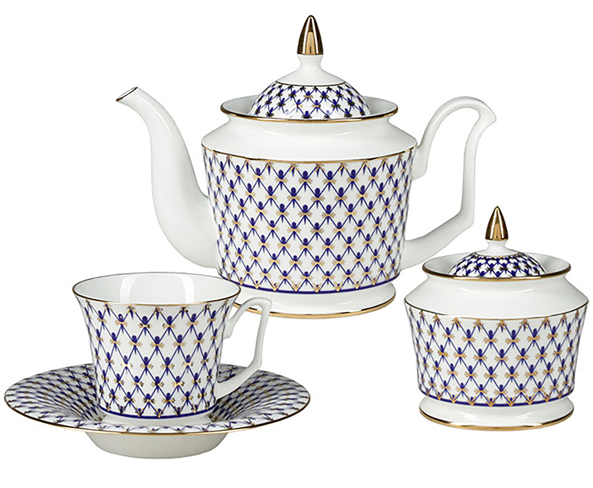 BONE CHINA PORCELAIN TEA SET SERVICE 6/14 YULIA COBALT NET