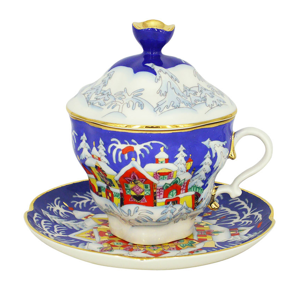  Lomonosov Imperial Covered Cup and Saucer Christmas Winter Fairy Tale 