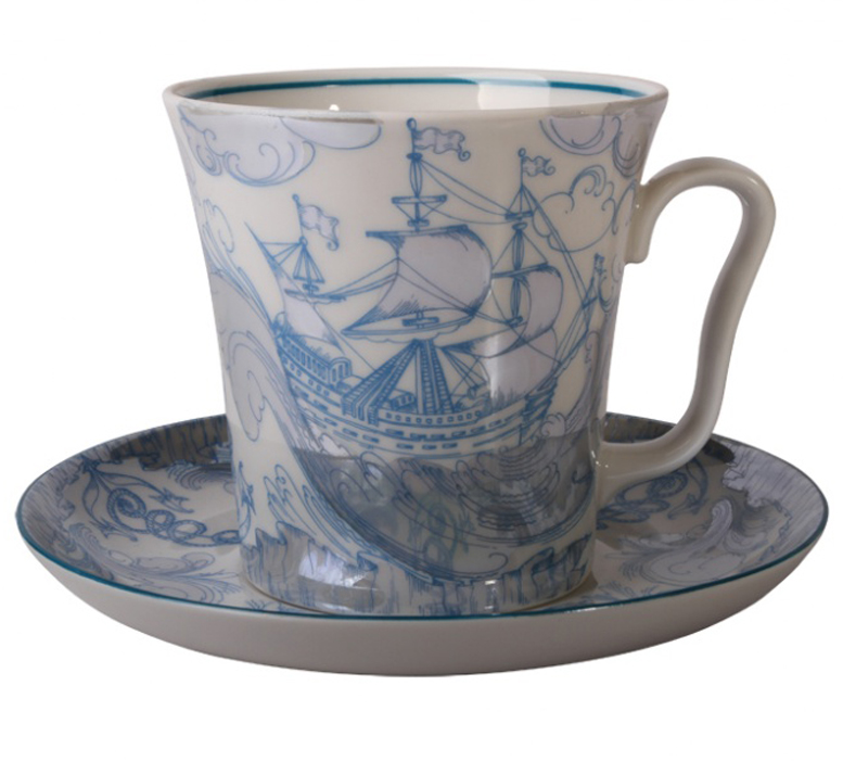 LOMONOSOV PORCELAIN MUG AND SAUCER BLUE SHIP LENINGRADSKII 12.2 FL.OZ/360 ML