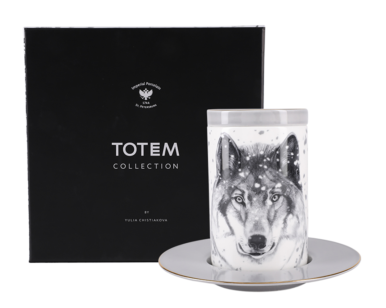 LOMONOSOV PORCELAIN MUG AND SAUCER TOTEM WOLF 13.2 FL.OZ/390 ML