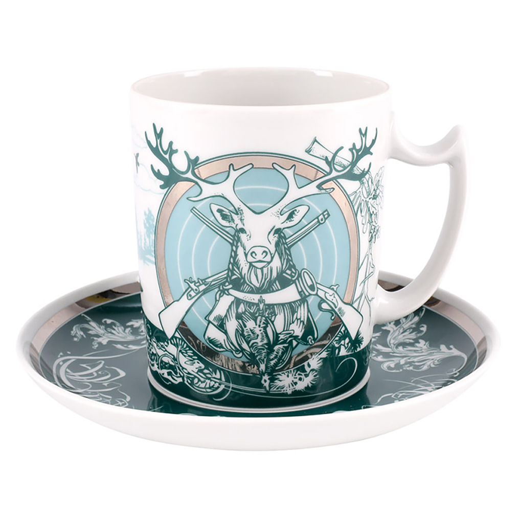 Lomonosov Porcelain Coffee Mug and Saucer Men's Stories Hunting 12.8 oz