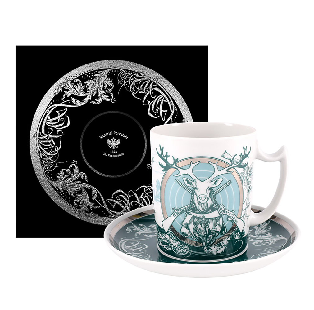 Lomonosov Porcelain Coffee Mug and Saucer Men's Stories Hunting 12.8 oz