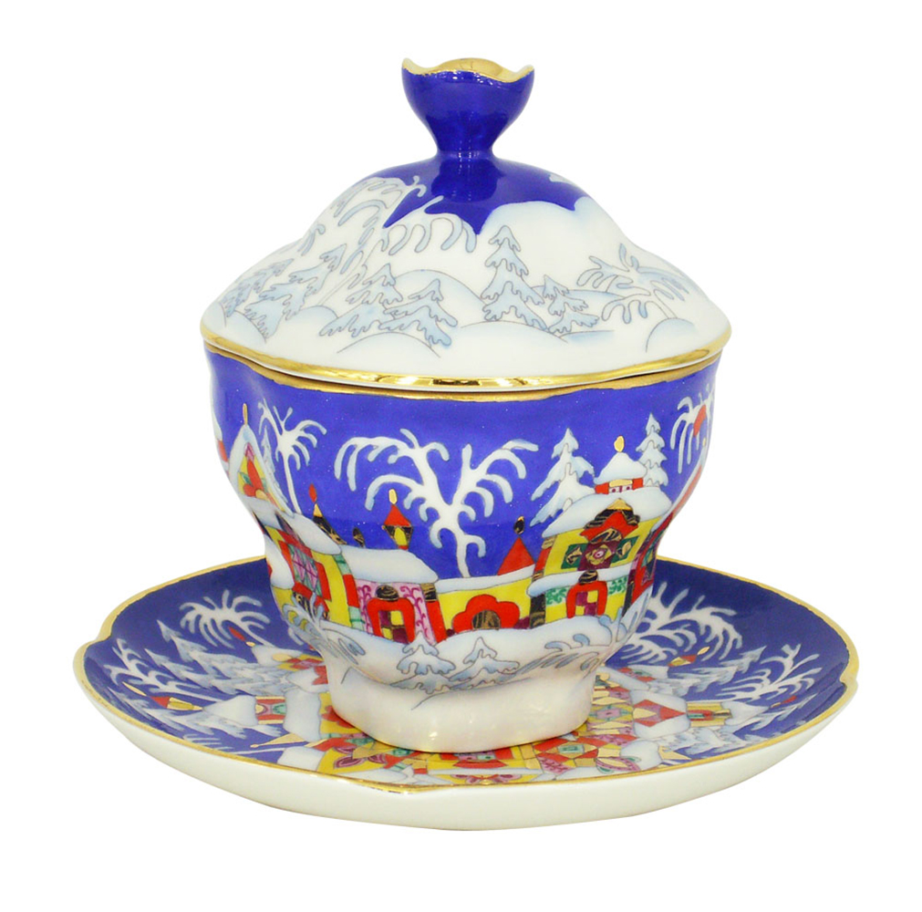 Lomonosov Imperial Covered Cup and Saucer Christmas Winter Fairy Tale