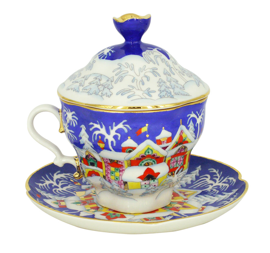 Lomonosov Imperial Covered Cup and Saucer Christmas Winter Fairy Tale