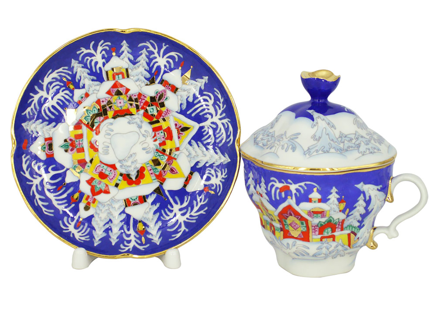 Lomonosov Imperial Covered Cup and Saucer Christmas Winter Fairy Tale
