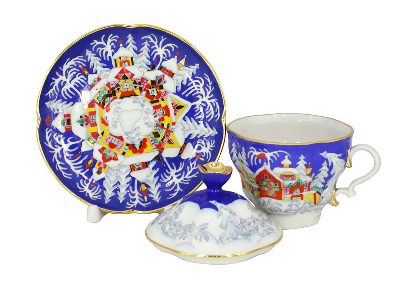 Lomonosov Imperial Covered Cup and Saucer Christmas Winter Fairy Tale